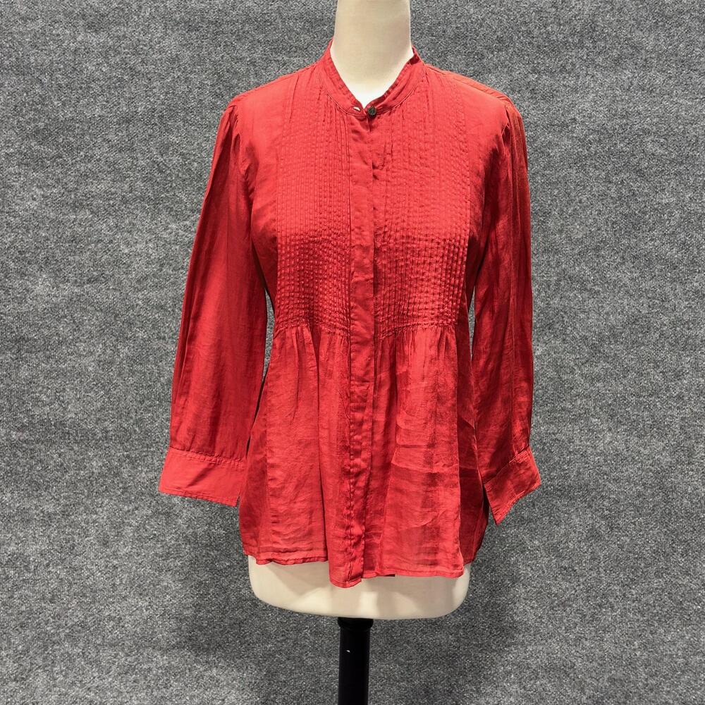 Theory Blouse Womens Medium Red Pintuck V Neck Long Sleeve Button Tunic Top